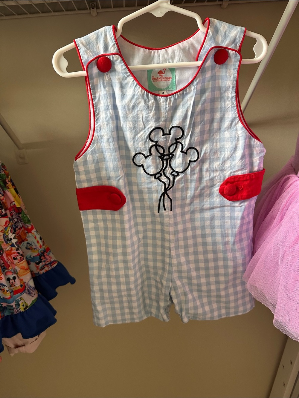 Children's Blue Gingham One-Piece with Mickey balloon embroidery